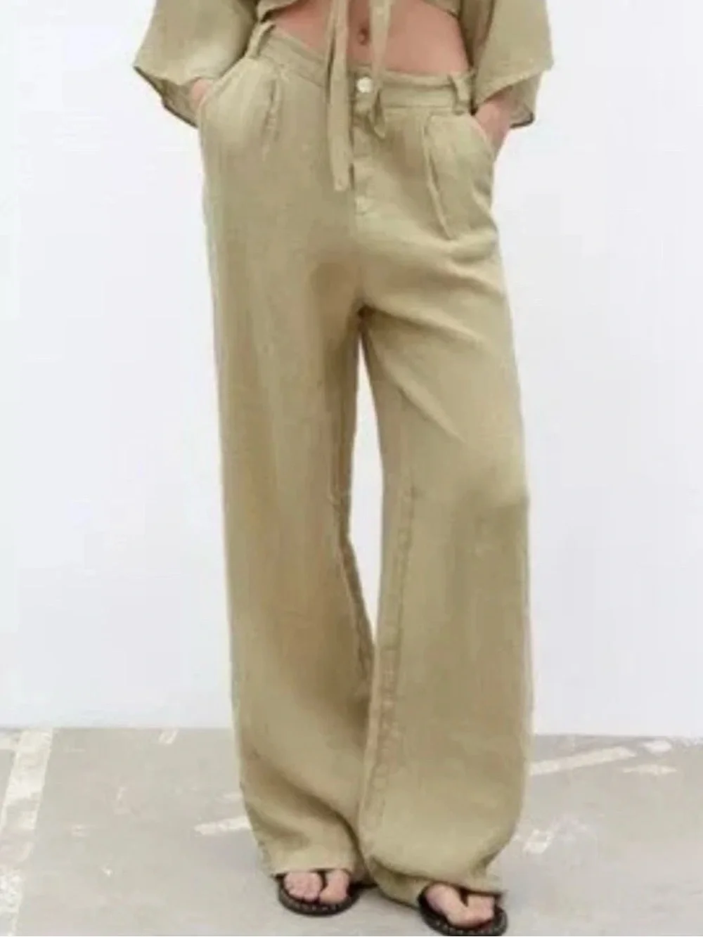 Zara Relaxed Linen Wide Leg Crop Trouser Pleat Front Pant Khaki Tan Size M
